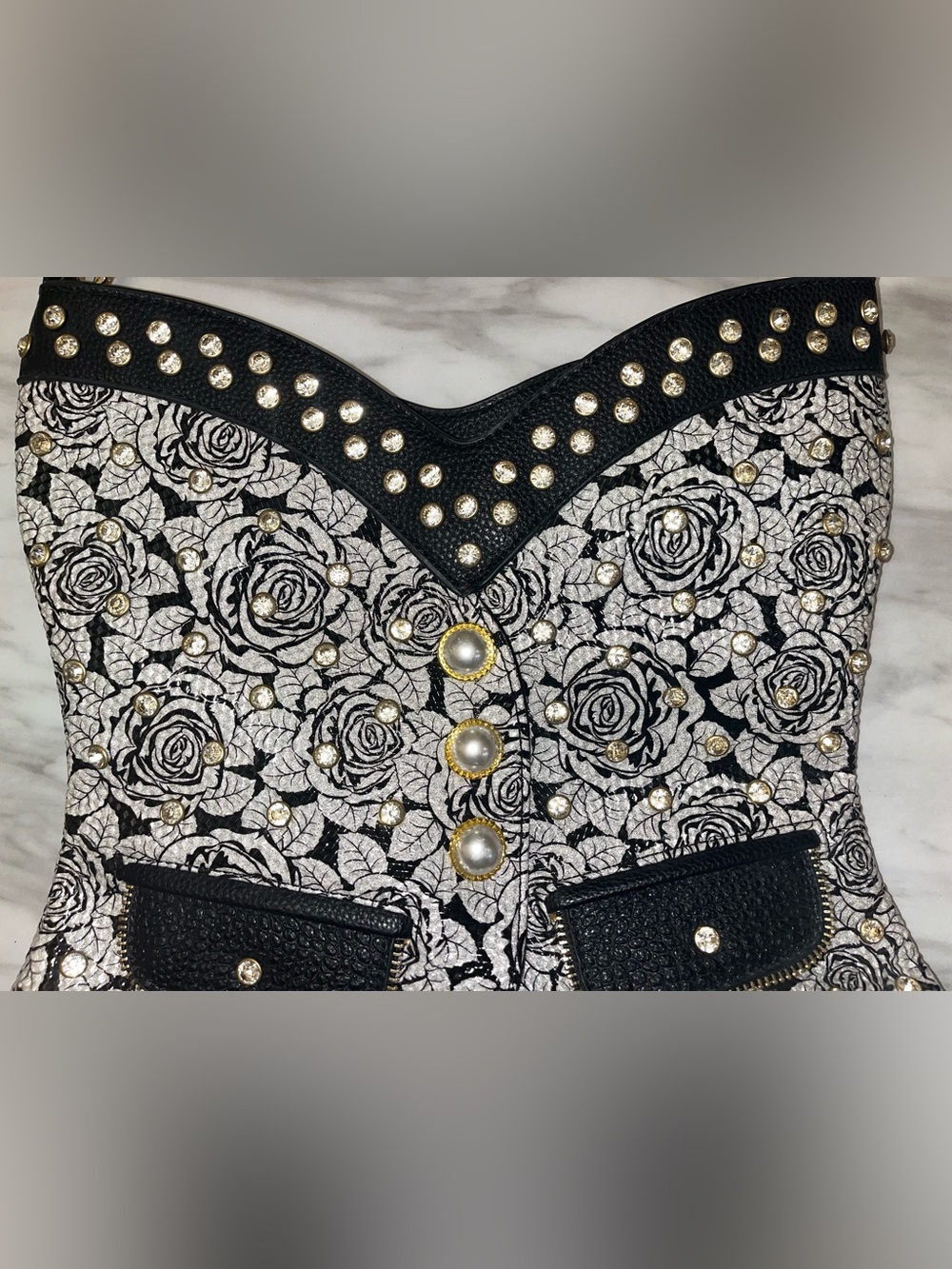 Black & White Rose Studded Corset-Style Shoulder Bag - Picture 6 of 13
